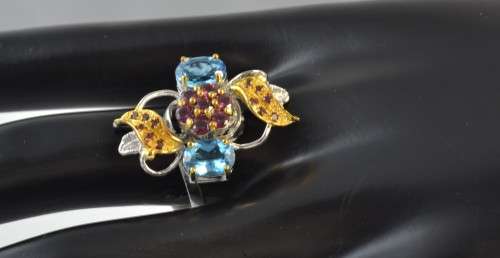 For Crystal City HANDMADE GENUINE SWISS BLUE TOPAZ & RHODILTE GARNET TWO TONE 925 SILVER RING SIZE 9