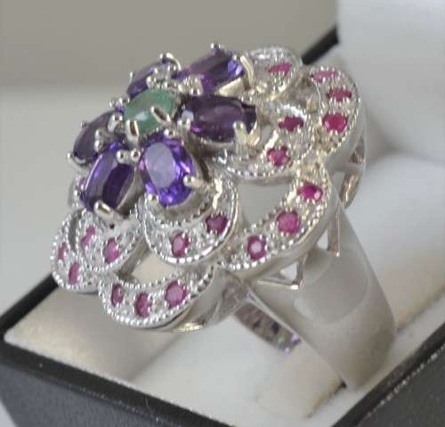 REAL AMETHYST, EMERALD AND RUBY 925 SILVER RING SIZE 8.5