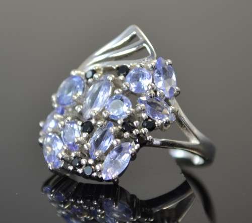 GENUINE TOP BLUE VIOLET TANZANITE & BLACK SPINAL 925 SILVER RING SIZE 7.5