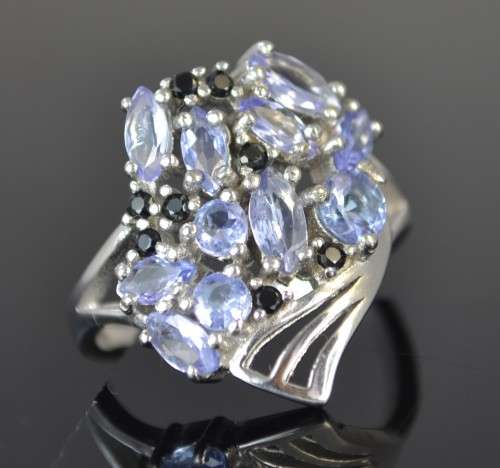 GENUINE TOP BLUE VIOLET TANZANITE & BLACK SPINAL 925 SILVER RING SIZE 7.5
