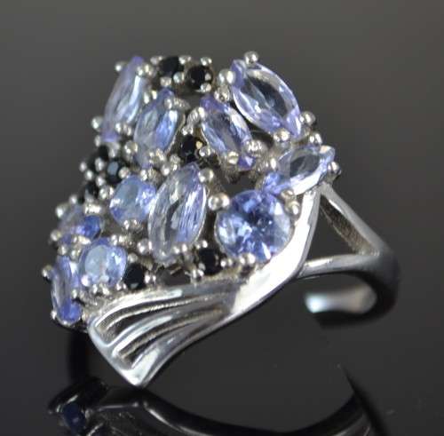 GENUINE TOP BLUE VIOLET TANZANITE & BLACK SPINAL 925 SILVER RING SIZE 7.5