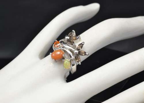 For Crystal-CityORANGE OPAL FIRE OPAL, SMOKEY QUARTZ & SPESSARITE GARNET  925 SILVER RING SIZE 5.75