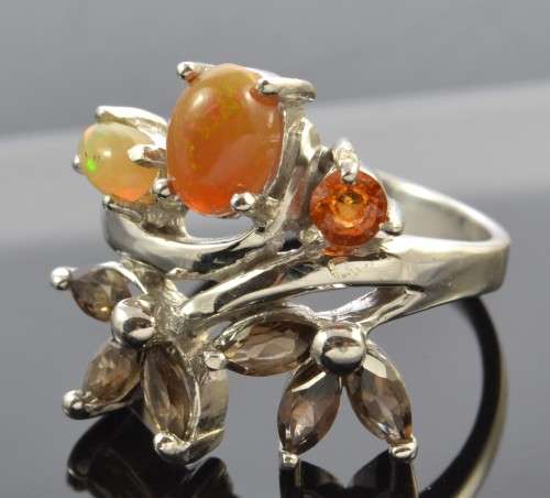 For Crystal-CityORANGE OPAL FIRE OPAL, SMOKEY QUARTZ & SPESSARITE GARNET  925 SILVER RING SIZE 5.75