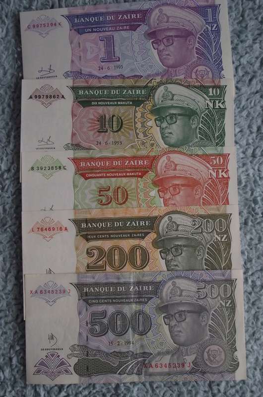 BANQUE DU ZAIRE : 5 X UNC NOTES 1993/1994