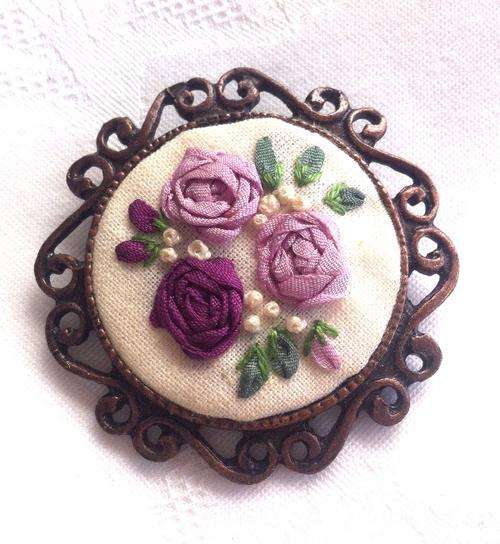 Vintage Silk Ribbon Embroidery Brooch
