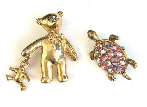 Vintage Brooches - Teddy Bear and Turtle