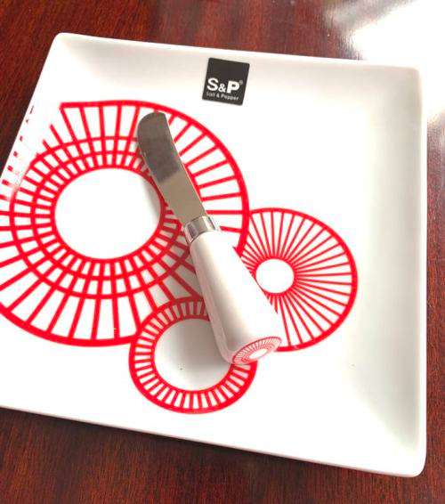 Red Square Cheese Plate with knife