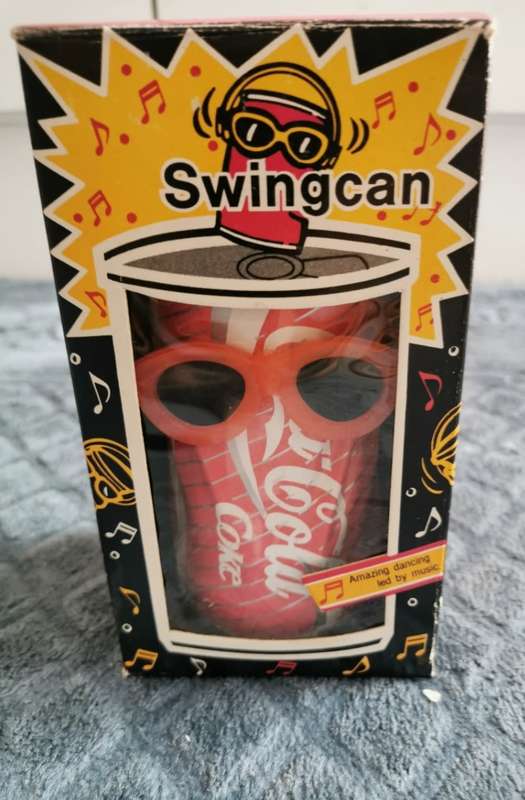 VINTAGE COCA COLA SWINGCAN WITH SUNGLASSES IN ORIGINAL BOX FROM THE 80`S (DANCING COKE CAN)