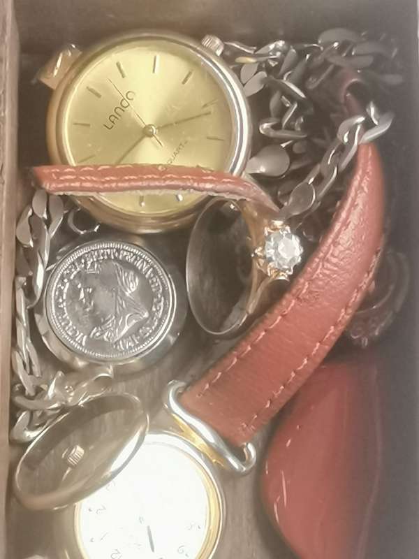 SMALL WOODEN TREASURE CHEST WITH SOME JEWELLERY AND WATCHES