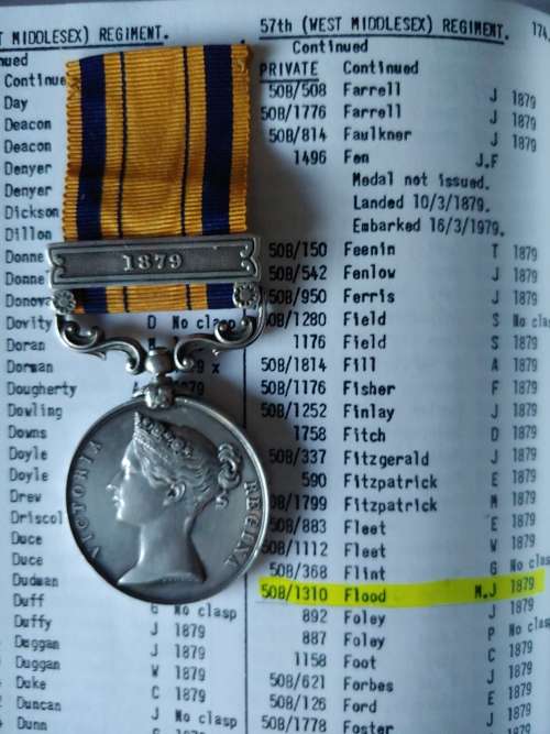 SAGS Zulu War medal M.J.Flood 57th foot