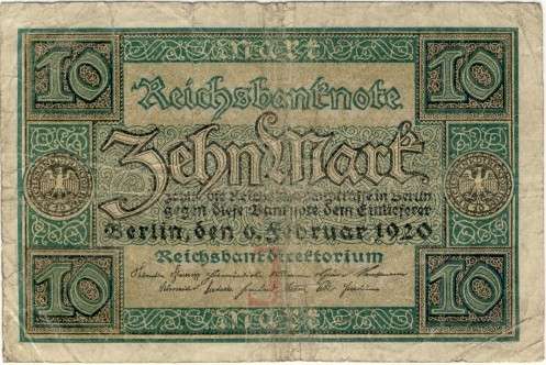 Germany - 10 Mark, 1920, Ten Mark Note, p67 a