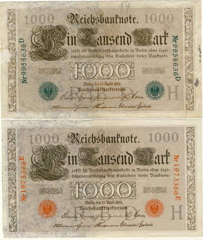 Germany - 1000 Mark Variants , 1910, 2 x One Thousand Mark Notes, p44 + 45 Red + Green Variants