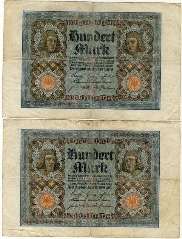Germany - 100 Mark Variants, 1920, 2 x One Hundred Mark Notes, p69 a+b