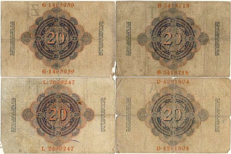 Germany - 20 Mark, 1908 to 1914 Variants, 4 x Twenty Mark Notes