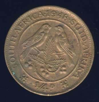 1948 Farthing coin, 1/4d , South Africa, George VI , No reserve