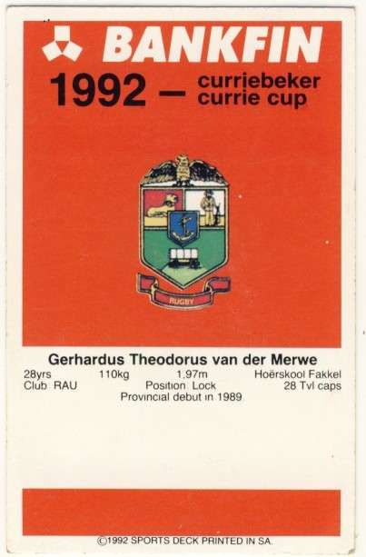Sports Deck 1992 Currie Cup, Kuifie van der Merwe, Transvaal # 85, Trading Card