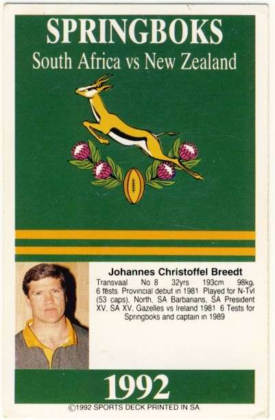 Sports Deck 1992 SA vs New Zealand, Jannie Breedt, Springboks # 8, Trading Card