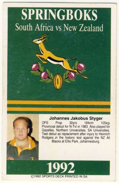 Sports Deck 1992 SA vs New Zealand, Johan Styger, Springboks # 16, Trading Card