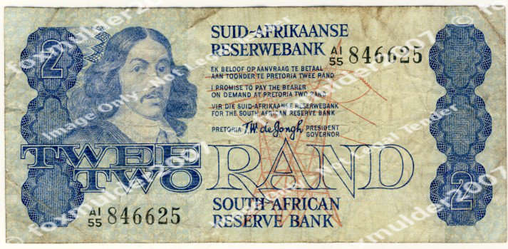 R2 , T. W de Jongh, 4th series, Two Rand note, 1978, no reserve