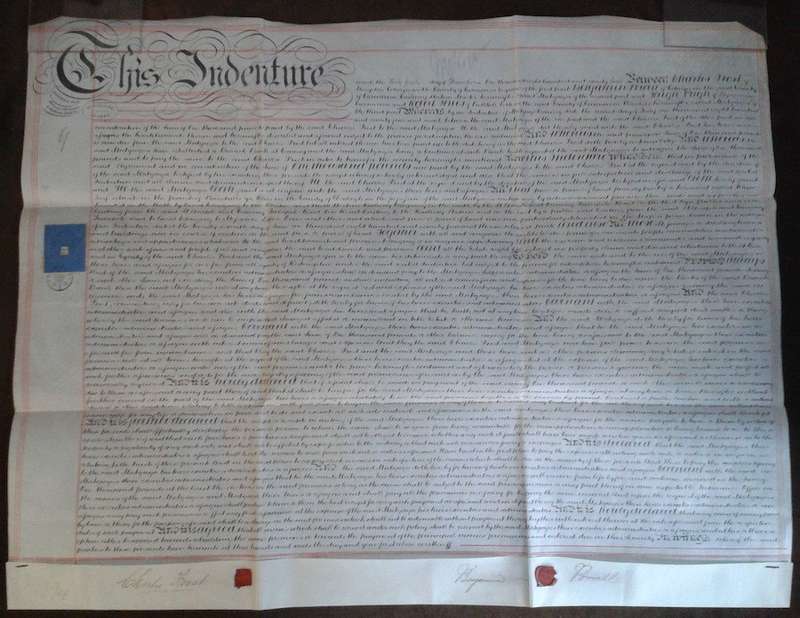 1874 Vellum Indenture with Seals and Stamp, Hand Written, Mortgage Transfer