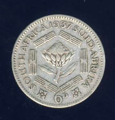 1937 Sixpence coin, 6d, South Africa, Silver, George VI , No reserve