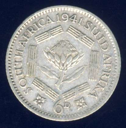 1941 Sixpence coin, 6d, South Africa, Silver, George VI , No reserve