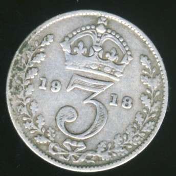 Britain 1918 Tickey Coin, 3d , Great Britain , George V, Silver
