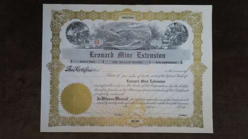 Leonard Mine Extention, Stock Certificate, Unissued