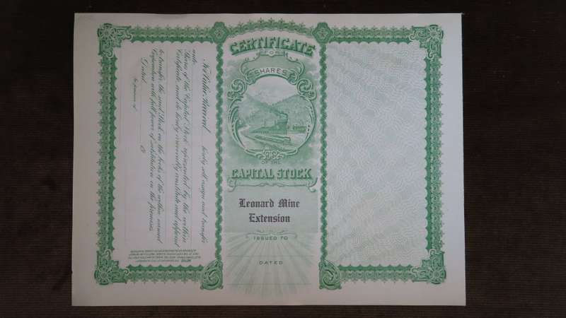 Leonard Mine Extention, Stock Certificate, Unissued