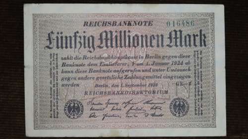 Germany - 50 Million Mark, 1923, p-109b Stars Watermark