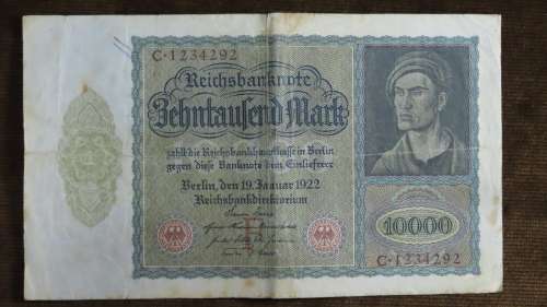 Germany - 10 000 Mark, 1922, p-70 with Green Underprint Back