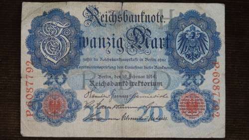 Germany - 20 Mark, 1914, p-46b , 7 Digit Serial Number