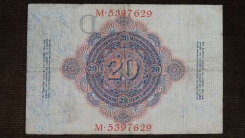 Germany - 20 Mark, 1914, p-46b , 7 Digit Serial Number