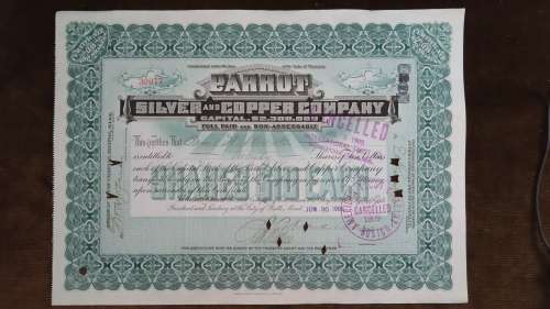 Parrot Silver and Copper Company, Stock Certificate, 1909, 20 Shares