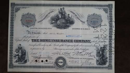 Home Insurance Company, Stock Certificate, 1929, 26 Shares