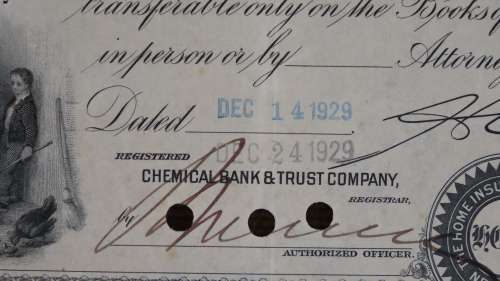 Home Insurance Company, Stock Certificate, 1929, 26 Shares