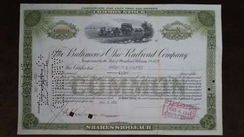 Baltimore and Ohio Railroad Company, Stock Certificate, 1932, 8 Shares