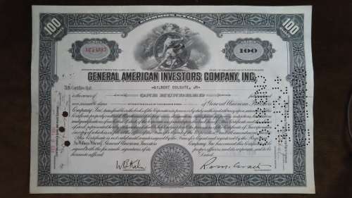 General American Investors Company, Stock Certificate, 1934, 100 Shares issued to Gilbert Colgate