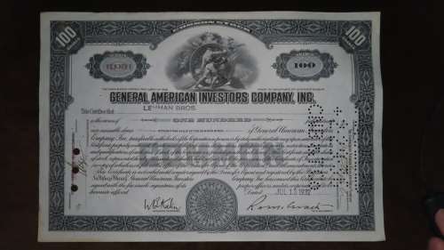 General American Investors Company, Stock Certificate, 1932, 100 Shares