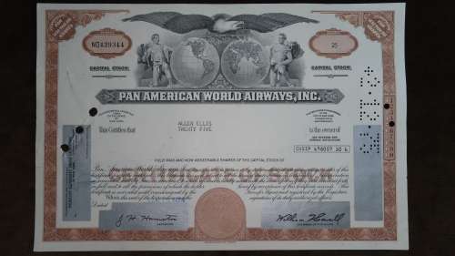 Pan American World Airways, Stock Certificate, 1974, 25 Shares