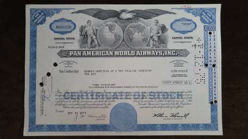 Pan American World Airways, Stock Certificate, 1974, 1000 Shares