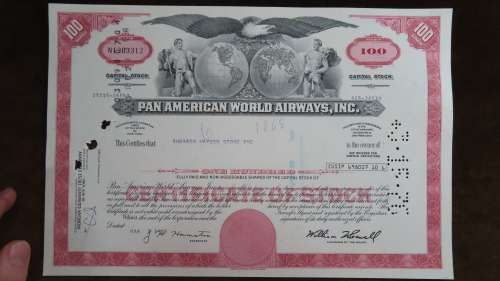 Pan American World Airways, Stock Certificate, 1975, 100 Shares