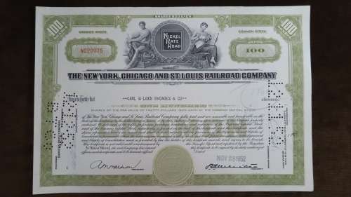 New York Chicago and St Louis Railroad Company, Stock Certificate, 1952, 100 Shares