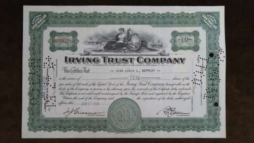 Irving Trust Company, Stock Certificate, 1934, 10 Shares with NY State Duty Stamps