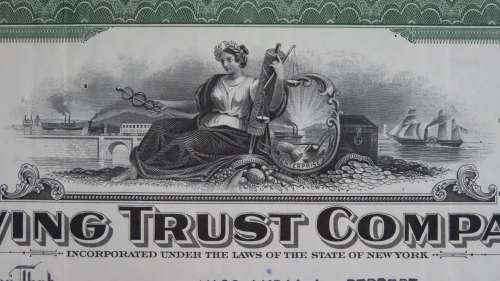 Irving Trust Company, Stock Certificate, 1934, 10 Shares with NY State Duty Stamps