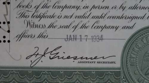 Irving Trust Company, Stock Certificate, 1934, 10 Shares with NY State Duty Stamps