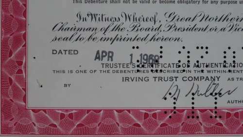 Great Northern Company, Debenture Certificate, 1968, $1000