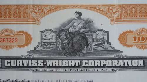 Curtiss Wright Corporation, Stock Certificate, 1946, 100 Shares