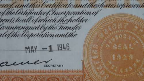 Curtiss Wright Corporation, Stock Certificate, 1946, 100 Shares