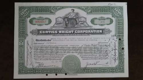 Curtiss Wright Corporation, Stock Certificate, 1950, 15 Shares